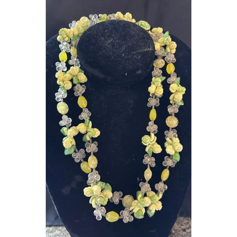 Vintage Multi Strand Floral Fruit Salad Necklace Green Yellow MCM Retro 20
